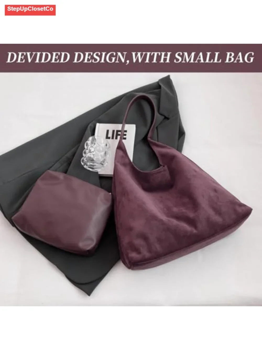 Faux Suede Slouchy Hobo Tote Bag for Women Retro Shoulder Handbag